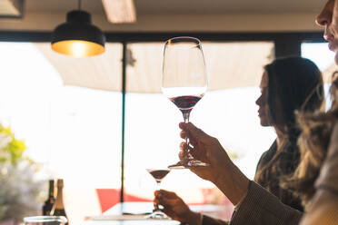 Nicht erkennbare weibliche Sommeliers in eleganter Freizeitkleidung, die während einer Degustation in einer Bar am Tresen sitzend Rotwein genießen - ADSF35954