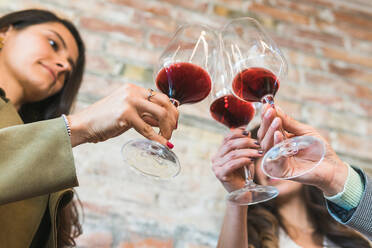 From below unrecognizable female friends in smart casual clothes clinking goblets of red wine and proposing toast against brick wall during meeting in restaurant - ADSF35962