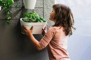 Rückansicht eines Mädchens, das eine grüne Topfpflanze in einem weißen Blumentopf an einer grauen Wand mit Metallelementen im Zimmer aufhängt - ADSF36032