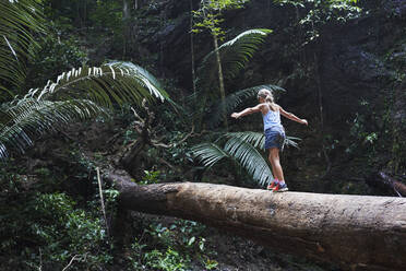 Mädchen balanciert auf umgestürztem Baumstamm im Wald - RORF02966