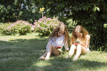 Schwestern benutzen Smartphones im Park an einem sonnigen Tag - OSF00523