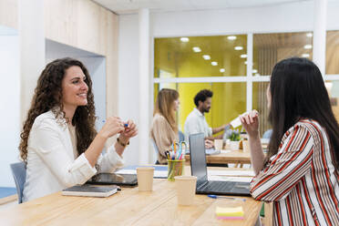 Zwei Geschäftsfrauen mit Latops sitzen am Schreibtisch im Büro - PNAF04232