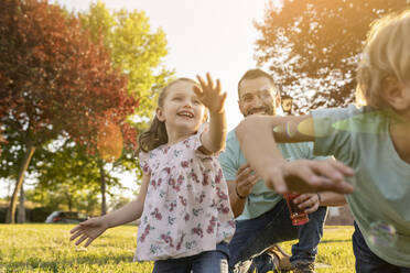 Mann schaut auf Sohn und Tochter, die im Park mit Seifenblasen spielen - JCCMF06824