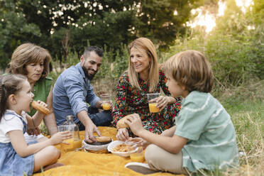 Glückliche Familie isst gemeinsam beim Picknick im Park - JCCMF06831