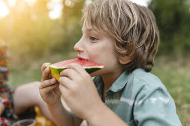 Boy eating watermelon at park - JCCMF06840