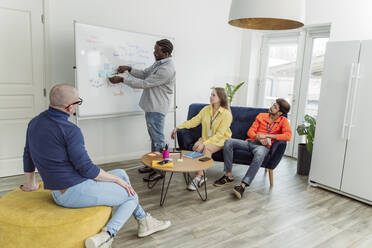 Geschäftsmann zeigt auf Haftnotiz auf Whiteboard zu Kollegen im Büro - OSF00593