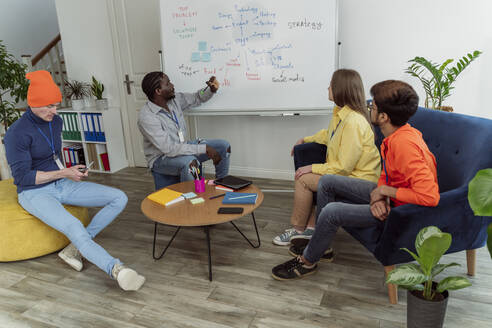 Geschäftsmann schaut auf ein Whiteboard und diskutiert mit einem Kollegen im Büro - OSF00595