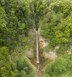 Luftaufnahme eines Wasserfalls im Wald, Cascata da Ribeira Quente, Ribeira Quente, Azoren, Portugal. - AAEF15237