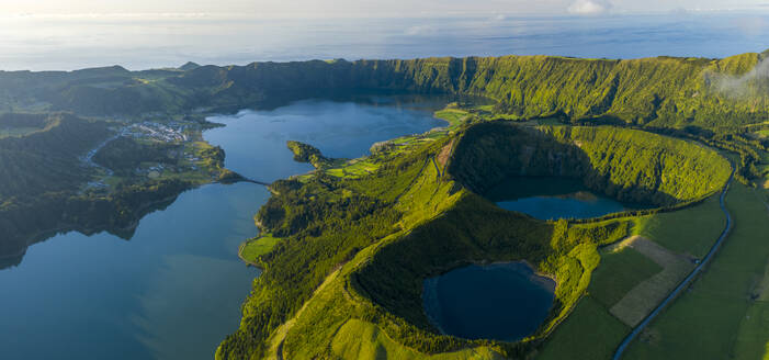 Aerial View of Volcanic lake Lagoa Verde, Candelaaria, Azores, Portugal. - AAEF15240