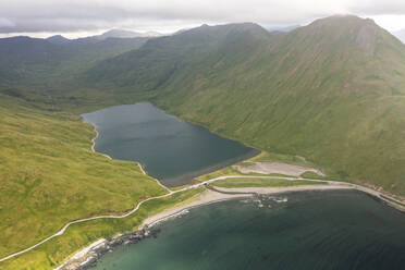 Aerial view of Summer Bay, Unalaska island, Alaska, United States. - AAEF15314