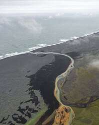 Aerial view of the coastline with river, Akurey, Iceland. - AAEF15351