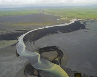 Aerial view of the coastline with river, Akurey, Iceland. - AAEF15354