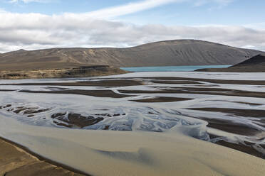 Aerial view of water formation along the river estuary in Iceland. - AAEF15394