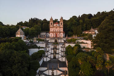 Aerial view of Bom Jesus do Monte, a Catholic Church on the hilltop with famous stairs in Braga, Portugal. - AAEF15465