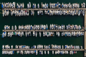 Aerial view of sailing boats docked at the harbour in Premia de Mar, Catalunya, Spain. - AAEF15477