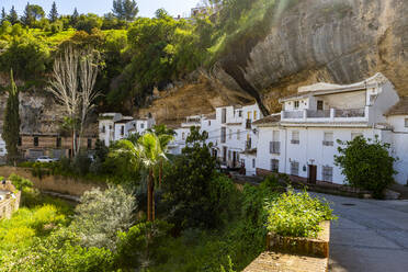 In Felsüberhänge gebaute Behausungen über dem Rio Guadalporcun, Setenil de las Bodegas, Andalusien, Spanien, Europa - RHPLF22753