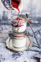 Raspberry topping pouring on homemade frozen yogurt - SBDF04539