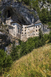 Slowenien, Burg Predjama im Höhleneingang stehend - ABOF00786