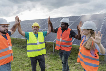 Lächelnde Ingenieure, die sich zuprosten und vor Solarzellen auf dem Feld stehen - OSF00663