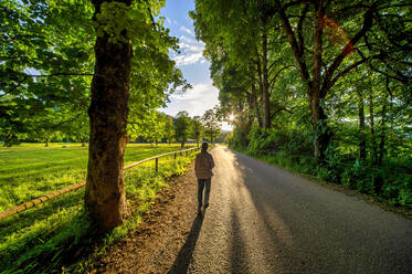 Senior woman walking on road amidst trees at sunset - FRF00957