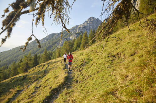 Freunde beim Wandern auf einem Bergpfad, Mutters, Tirol, Österreich - CVF02164