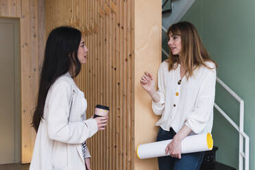 Businesswoman with disposable coffee cup and colleague talking in office - PNAF04362