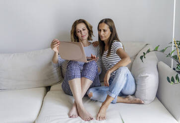 Lesbian couple sharing laptop sitting on couch at home - RFTF00280