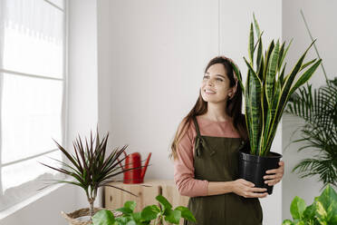 Thoughtful woman carrying houseplant standing at home - JCZF01053