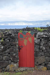 Portugal, Azores, Madalena, Wooden door in basaltic wall - HLF01300