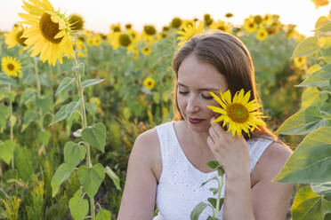Woman holding sunflower sitting in field - OSF00724