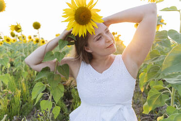 Smiling woman with arms raised holding sunflower on head - OSF00725