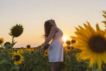 Unbekümmerte Frau genießt Wochenende auf einem Sonnenblumenfeld bei Sonnenuntergang - OSF00729