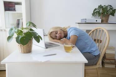 Smiling freelancer with eyes closed relaxing on desk at home office - SVKF00505