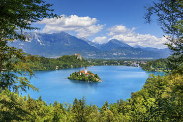 Slovenia, Upper Carniola, Church, Scenic view of Bled Island and surrounding landscape in summer - ABOF00816