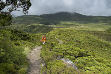 Senior woman walking amidst plants, Morro Alto and Pico da Se mountains, Flores Island, Azores, Portugal - HLF01319