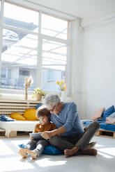 Grandson and grandfather using tablet PC in living room - JOSEF12088