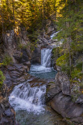 Italien, Trentino-Südtirol, Wasserfall im Wald von Paneveggio in der Morgendämmerung - LOMF01358