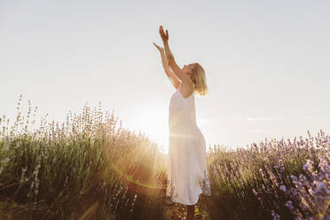 Frau mit erhobenen Armen stehend in einem Lavendelfeld bei Sonnenuntergang - SIF00372