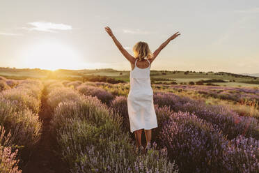 Frau mit erhobenen Armen, die bei Sonnenuntergang in ein Lavendelfeld springt - SIF00389