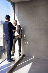 Smiling senior businessman discussing with colleague by window in office - JOSEF12703