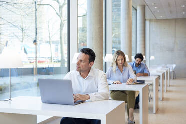 Älterer Professor mit Laptop auf dem Schreibtisch in der Universität - JOSEF12765