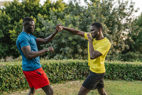 Junge Männer üben Kampfsportarten im Park - EGAF02555