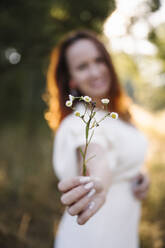 Woman holding small white flowers - EYAF02105