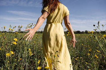 Woman in yellow dress walking amidst flowers - EYAF02111