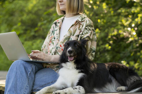 Junge Frau arbeitet an einem Laptop und sitzt neben einem Hund im Park - SSGF00997