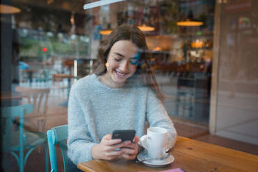 Content charming female sitting at table in cafe and browsing smartphone while smiling - ADSF36302