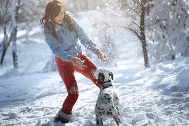 Frau und Dalmatinerhund spielen mit Schnee im Park - AZF00438