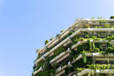 Fassade eines modernen mehrstöckigen Gebäudes mit einer Fülle von Grünpflanzen auf Balkonen und Treppenhäusern in einer sonnigen Straße der Stadt - ADSF36480