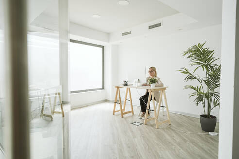 Geschäftsfrau sitzt am Schreibtisch in einem modernen Büro - EBBF06158