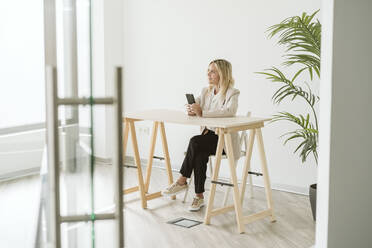 Geschäftsfrau mit Mobiltelefon am Schreibtisch in einem modernen Büro - EBBF06189